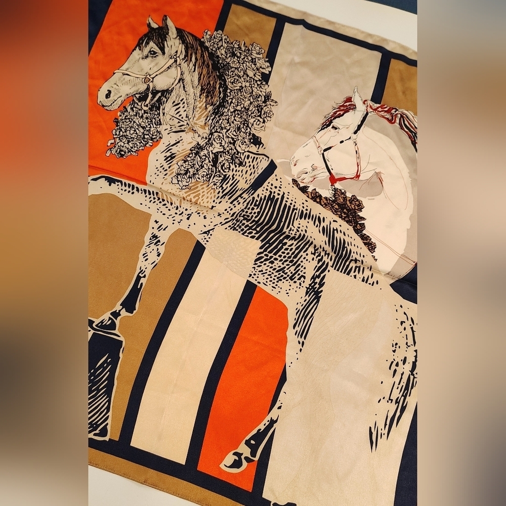 Equestrian Horse Silk Scarf Square Horses Geometric - Picture 8 of 13